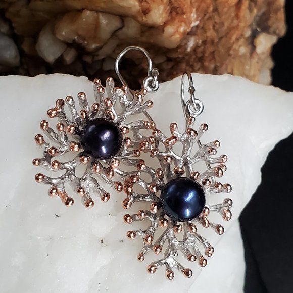 Sterling 925 Silver 14K Gold Unique Designer Earrings Genuine Black Pearls - Picture 8 of 10